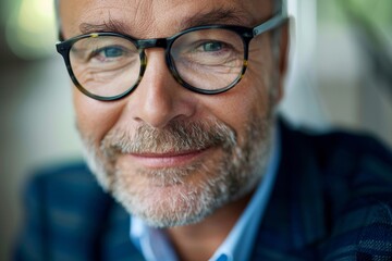 Close-up portrait of mature adult experienced businessman, boss smiling and looking at camera wearing glasses and business suit, successful investor at workplace inside office, Generative AI