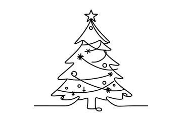 one Continuous black line art drawing of Merry Christmas tree. Hand drawn of Santa Claus outline doodle vector illustration on white background