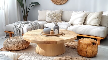 Modern Scandinavian Interior design a living room with a white couch, massive natural wooden coffee table, and multiple potter plants