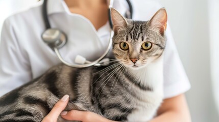 Animal's Doctor Veterinarian with cat, conducts a medical examination, first aid and appointment in a veterinary clinic. Veterinery consultation, vet care and help
