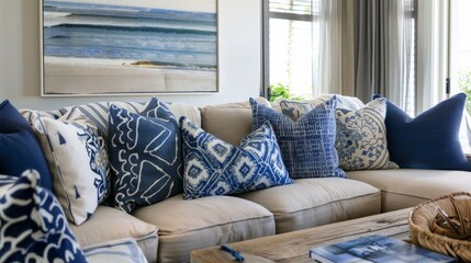 A large oversized armchair sits in the corner its light wood frame accented with plush cushions in shades of navy and ocean blue. Toss pillows with nauticalinspired patterns complete .