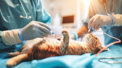 Veterinarian surgeons perform a complex operation on a sick cat under general anesthesia. Veterinary clinic, veterinary ambulance for pets