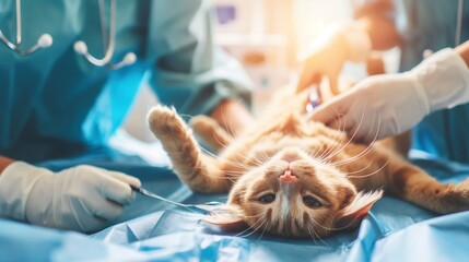 Veterinarian surgeons perform a complex operation on a sick cat under general anesthesia. Medical veterinary clinic, veterinary ambulance and reabilitation for pets
