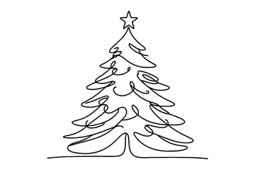 one Continuous black line art drawing of Merry Christmas tree. Hand drawn of Santa Claus outline doodle vector illustration on white background