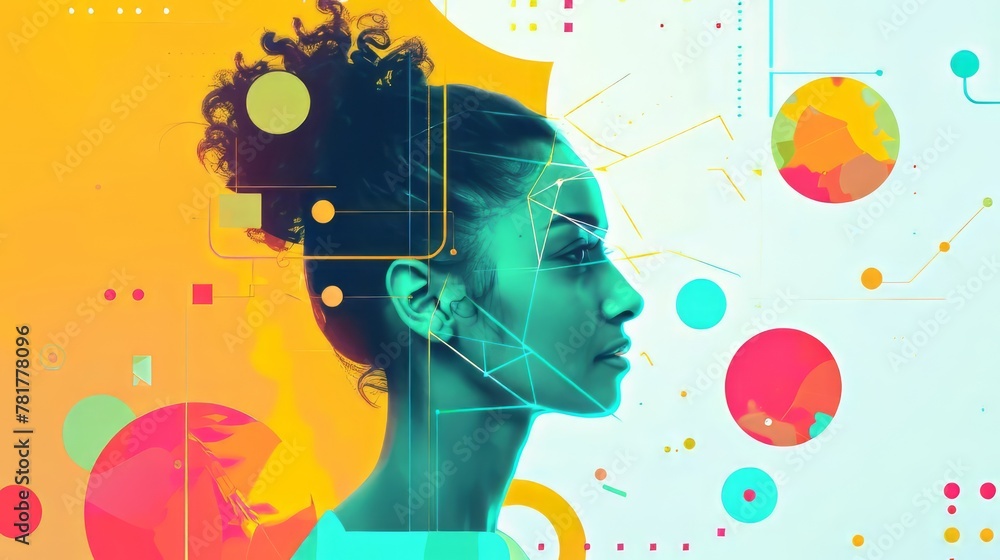 Poster a woman's face is shown in a colorful background with a lot of circles. the image is abstract and ha