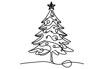one Continuous black line art drawing of Merry Christmas tree. Hand drawn of Santa Claus outline doodle vector illustration on white background