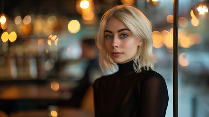 Fototapeta premium Stylish Blonde Woman in Modern City Café, Modern Dating Night Out, Persona