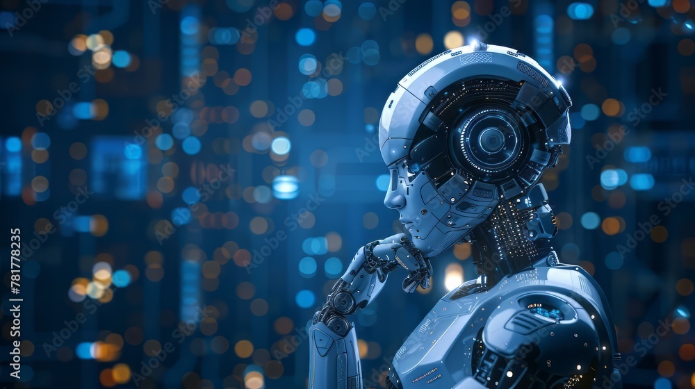 Poster a robot with a head and a pair of arms is standing in a city. the robot is looking up and he is thin