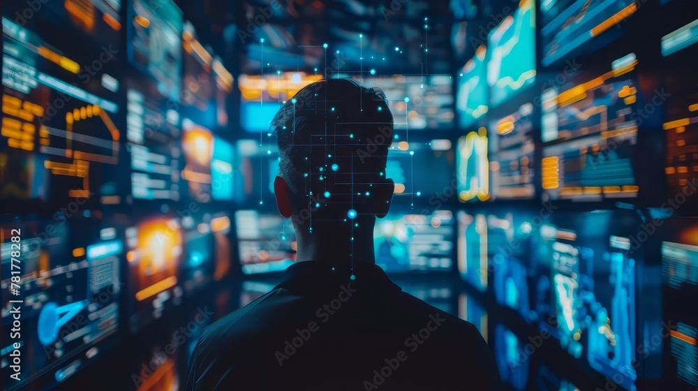 Aufkleber a man is looking at a computer screen with many different screens. the screens are all different col