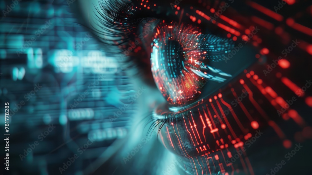 Poster a woman's eye is shown in a computer screen with a red and blue background. the eye is surrounded by