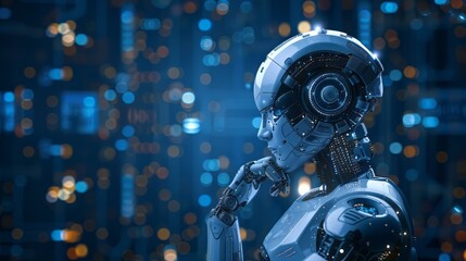 Fototapeta premium A robot with a head and a pair of arms is standing in a city. The robot is looking up and he is thinking. The city is lit up with bright lights, giving the scene a futuristic and technological feel