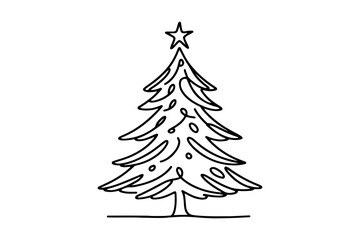 Hand drawn Christmas tree outline doodle vector. Continuous one black line drawing of Merry Christmas pine tree minimalistic design illustration on white background