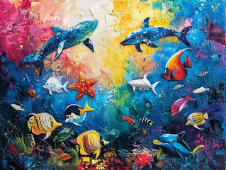 Abstract, colorful ocean and marine animals, summer theme, oil with palette knife, against a multihued background with theatrical lighting