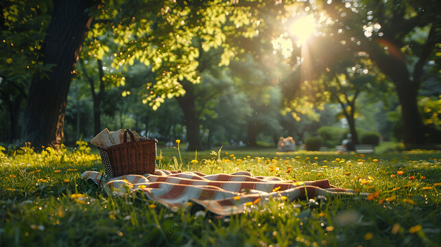 Picnic blanket and basket on grass in park. generative ai 