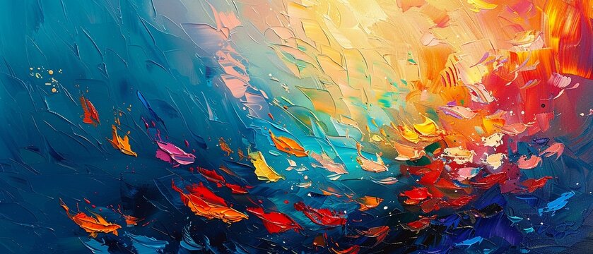 Summerstyle abstract of an ocean with marine animals, palette knife oil painting, on a richly colored background with dynamic lighting