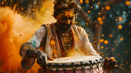 Smeared with colored powder, playing Tabla instrument, celebrate Holi festival, natural light