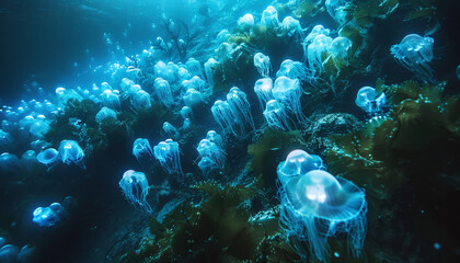 dark underwater scene illuminated by the gentle glow of bioluminescent jellyfish. The jellyfish are...