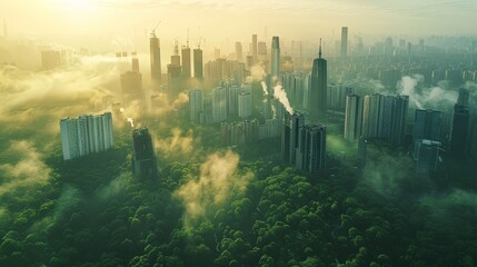 Aerial view of a city transitioning to green energy sources, illustrating a sustainable future