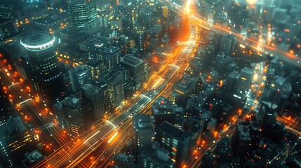 Fototapeta premium Aerial view of a smart city at night, glowing lines of connectivity weaving through the streets