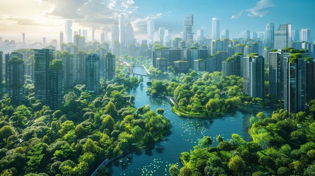 Aerial view of a city transitioning to green energy sources, illustrating a sustainable future