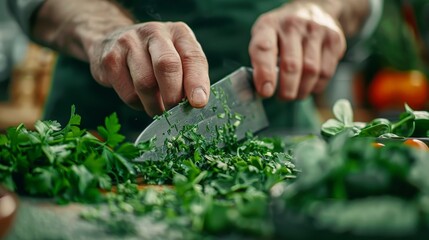 Chef finely chopping fresh herbs, a prelude to a culinary masterpiece, focus on hands and knife - obrazy, fototapety, plakaty