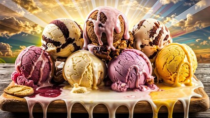 Summer Delight: Colorful Ice Cream Scoops on Rustic Wooden Table