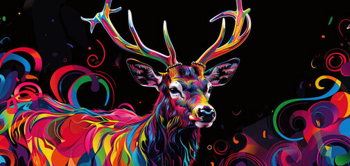 psychedelic deer, colorful background, design