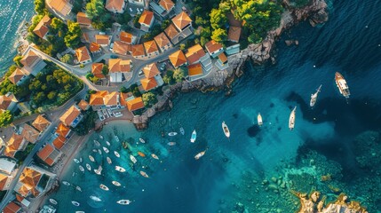 Eagle-eye view of a coastal village, homes and boats huddled together, the sea at their doorstep