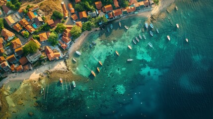 Eagle-eye view of a coastal village, homes and boats huddled together, the sea at their doorstep