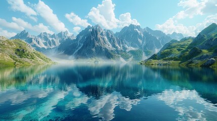 Elevated view of a crystal-clear mountain lake, surrounded by peaks, reflecting the sky above