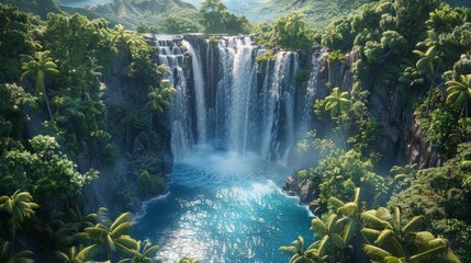 Majestic waterfalls plunging into a serene pool below, surrounded by lush foliage, viewed from above