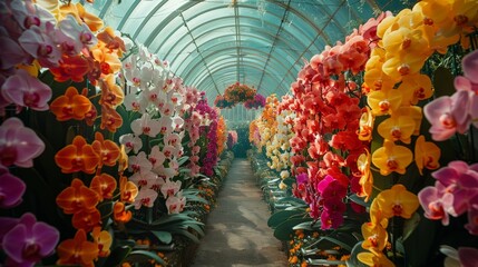 Orchid greenhouse seen from within, a spectrum of colors and shapes, a paradise of flowers