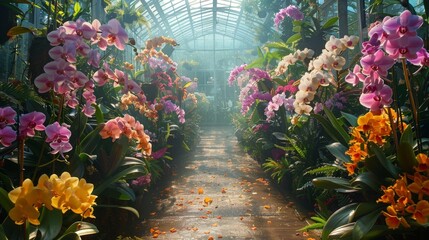 Orchid greenhouse seen from within, a spectrum of colors and shapes, a paradise of flowers