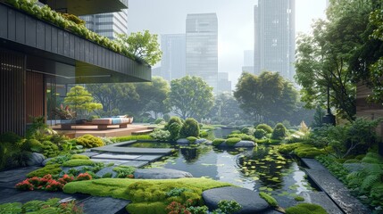 Rooftop gardens in a bustling city, pockets of tranquility and green against the urban backdrop
