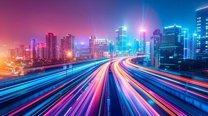Fototapeta na wymiar Smart city infrastructure highlighted by dynamic light trails, showcasing high-speed data exchange