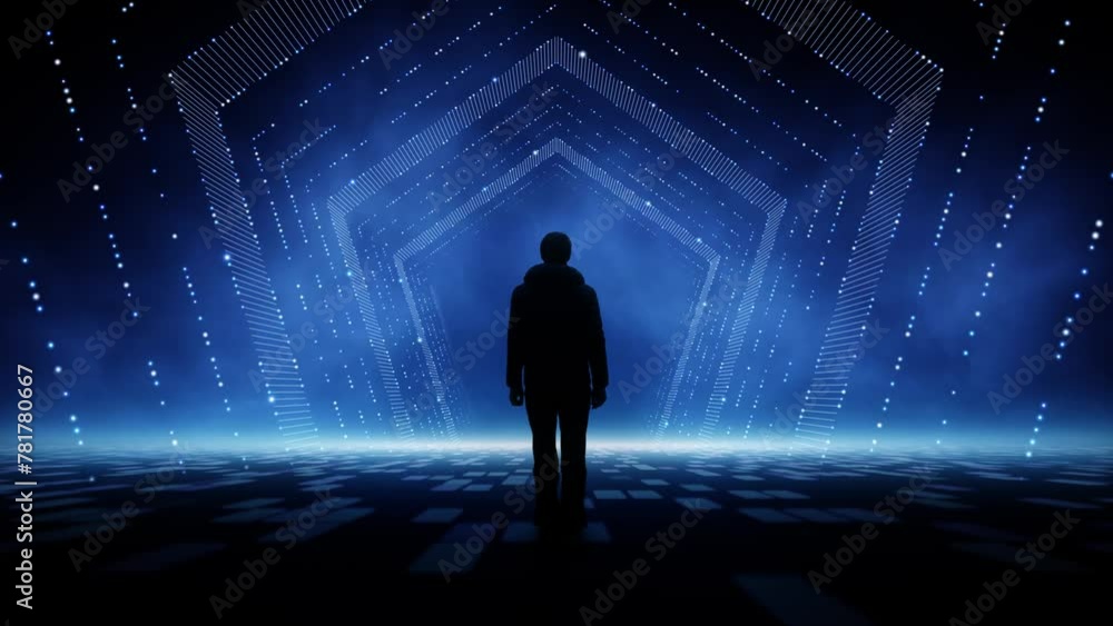 Aufkleber futuristic augmented digital artificial intelligence zunnel with dark silhouette of a man and techno