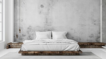 A minimalist bedroom with a platform bed made of sy industrial metal pipes and a headboard crafted from metal sheets exuding a raw and modern aesthetic that perfectly complements the . - obrazy, fototapety, plakaty