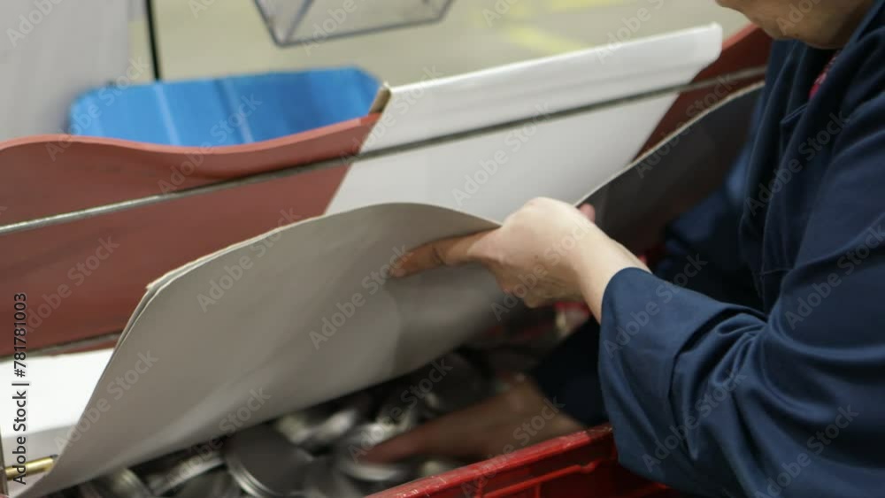 Poster factory worker sorting parts of production line