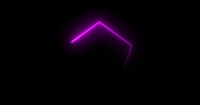Traceable neon light moving on border of a pentagon. Glowing pentagon noen stripes frame seamless animation disco party night club sign. Neon diamond retro style fluorescent tube laser light footage.
