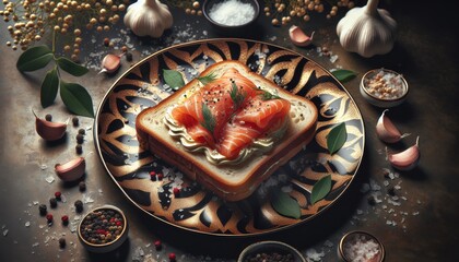 gourmet sandwich with salmon fillet on thin raw bread
