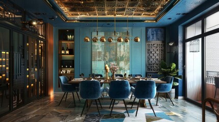 A stylish dining room with a statement ceiling adorned with metal panels in a bold and vibrant color such as deep blue or emerald green. The panels are arranged in an intricate geometric .