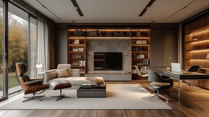 Interior design, an elegant modern minimalist study with a spacious layout, minimalist furniture, and a focus on functionality and simplicity