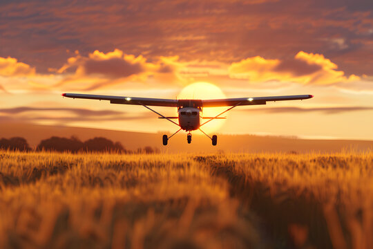Fototapeta Crop duster plane flying over wheat field, farm airplane in cloudy sky on sunset. Agricultural cropduster machine, old airplane. Agriculture and farming concept