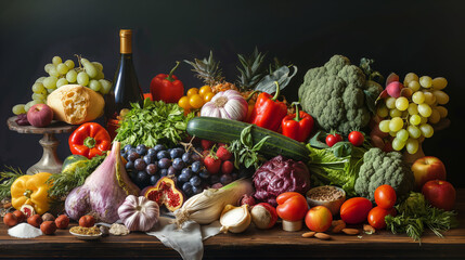 A rich assortment of fresh fruits and vegetables artistically arranged on a dark background, evoking a sense of harvest abundance