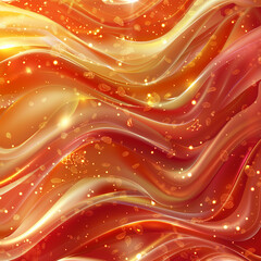 Vector art background close-up, 3D waves of jam jelly with glowing sugar crystals in red shade with golden mist in lowlands - obrazy, fototapety, plakaty