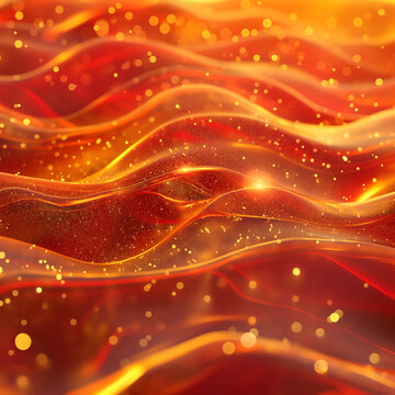Vector art background close-up, 3D waves of jam jelly with glowing sugar crystals in red shade with golden mist in lowlands