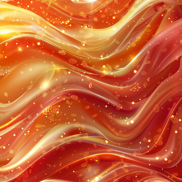 Vector art background close-up, 3D waves of jam jelly with glowing sugar crystals in red shade with golden mist in lowlands