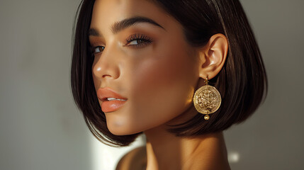 Exquisitely styled woman with fashionable earrings, sharp makeup, and a sophisticated air portrayed in close-up