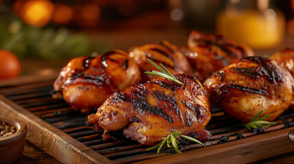 Perfectly glazed barbecued chicken with a garnish of rosemary, charred to perfection on grill - obrazy, fototapety, plakaty