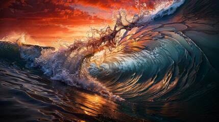 Ocean Wave at Sunset with Golden Reflections